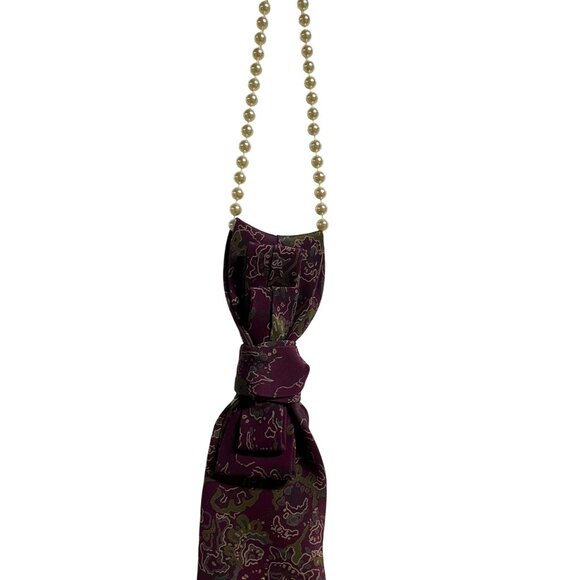 Purple Paisley Tie Necklace With Eiffel Tower Pendant Pearl Chain Accessory - Picture 2 of 3